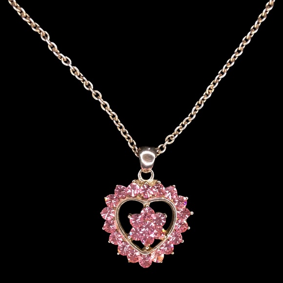 Vintage Pink Rhinestone Encrusted Heart Pendant Necklace - Picture 3 of 7